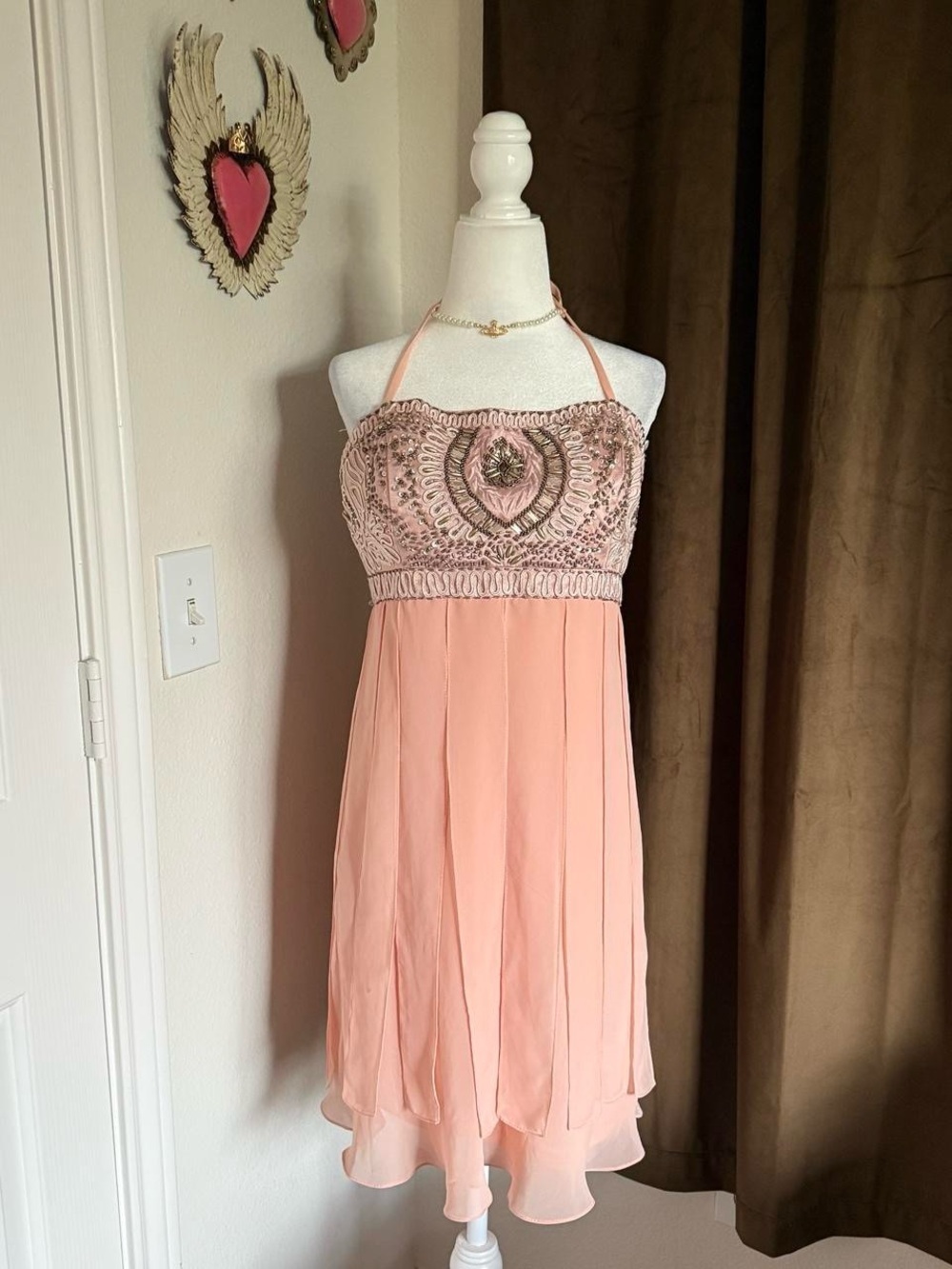 Embroidered Halter Chiffon Dress in Blush Pink